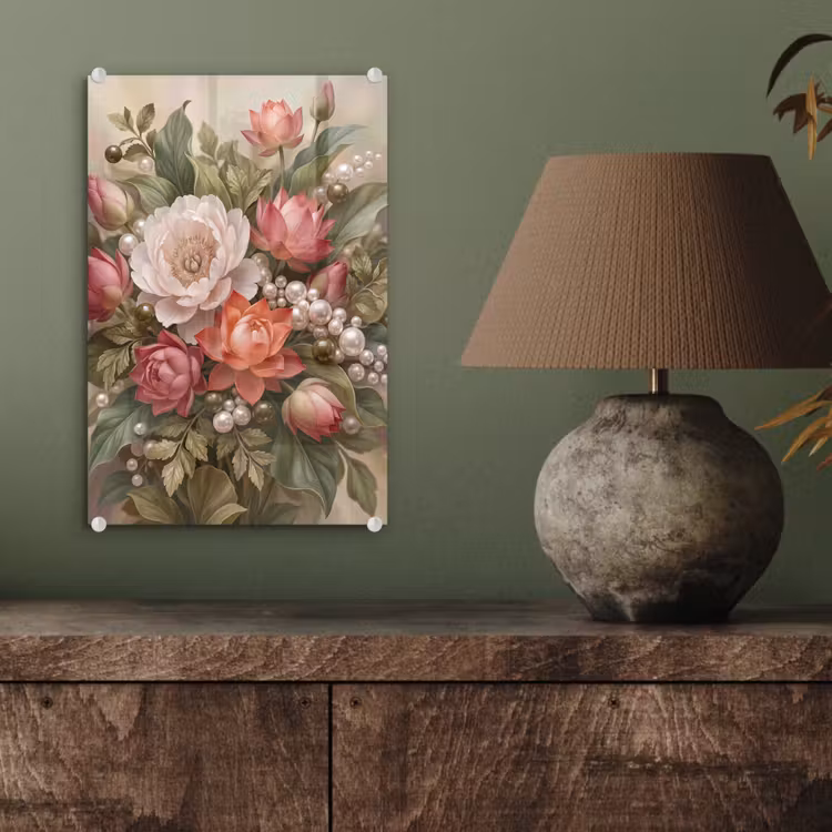 Glas schilderij - Bloemen - Parels - Elegant - Roze - Wit — 4