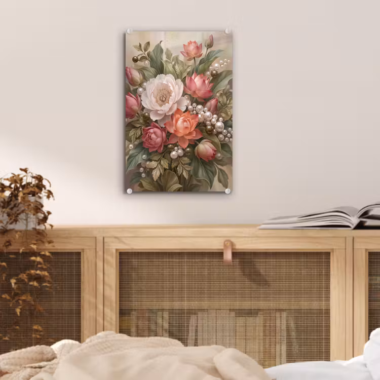Glas schilderij - Bloemen - Parels - Elegant - Roze - Wit — 5