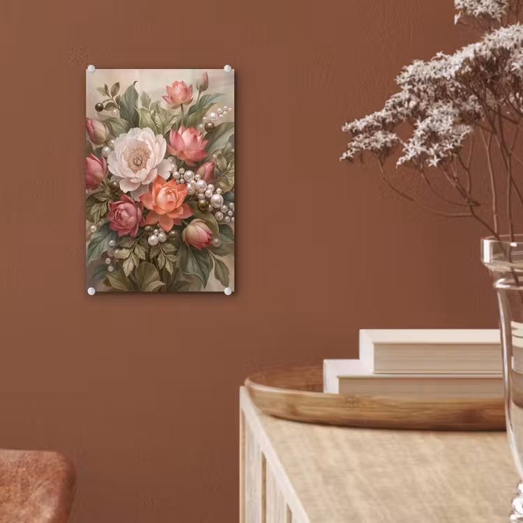 Glas schilderij - Bloemen - Parels - Elegant - Roze - Wit — 6