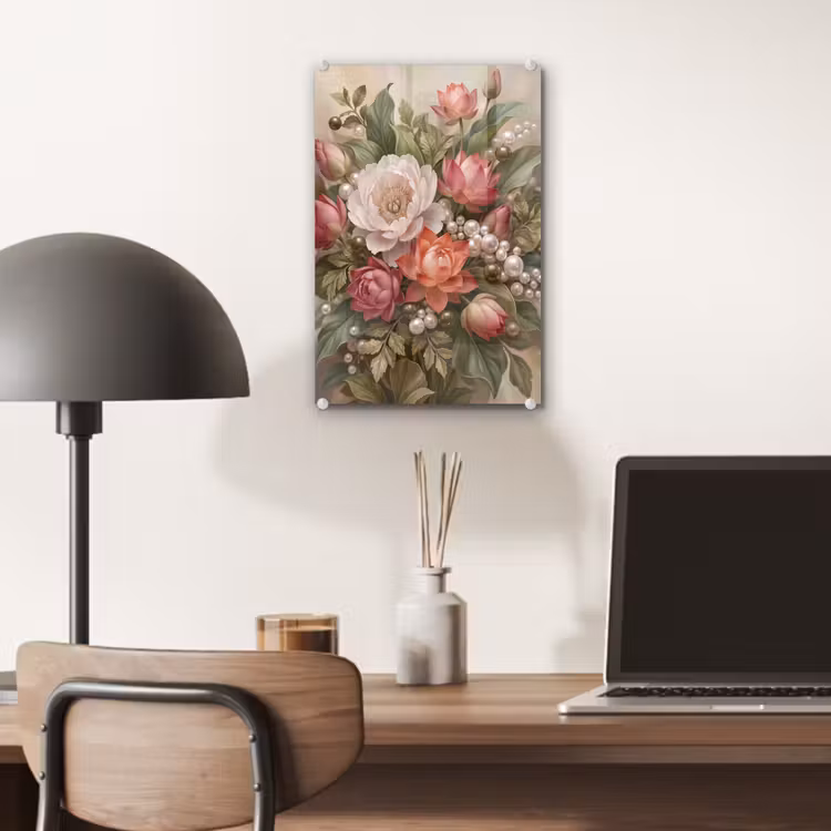 Glas schilderij - Bloemen - Parels - Elegant - Roze - Wit — 7