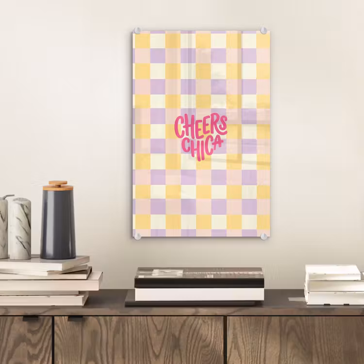 Glas schilderij - Cheers Chica - Ruitjes - Lila - Geel — 2