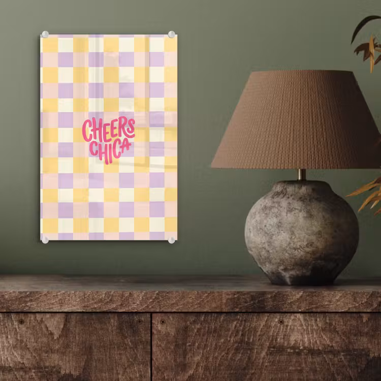 Glas schilderij - Cheers Chica - Ruitjes - Lila - Geel — 4