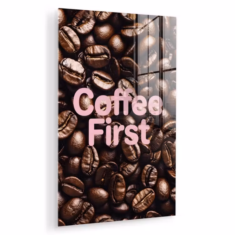 Glas schilderij - Coffee First - Koffiebonen - Roze — 1