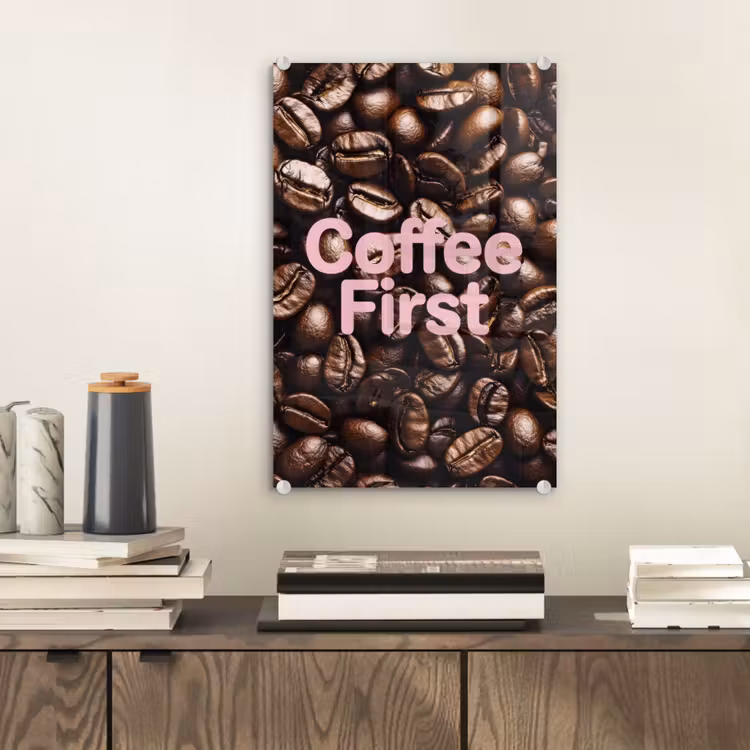 Glas schilderij - Coffee First - Koffiebonen - Roze — 2
