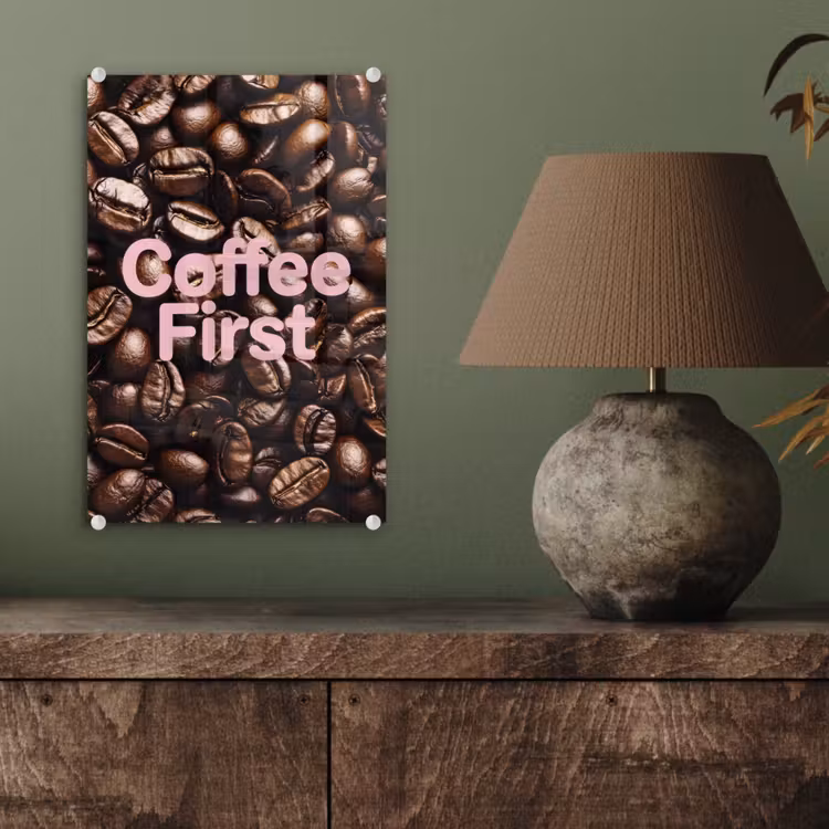 Glas schilderij - Coffee First - Koffiebonen - Roze — 4