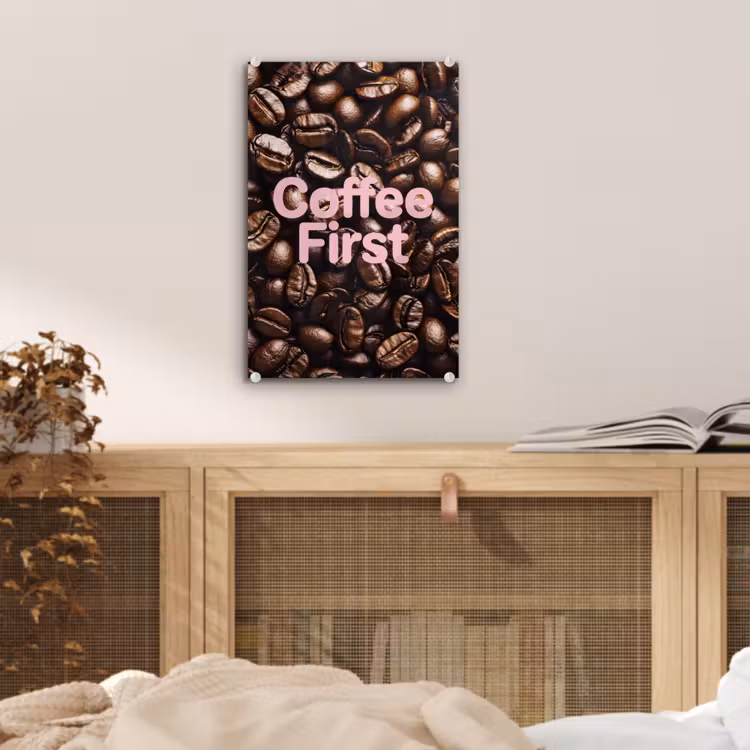 Glas schilderij - Coffee First - Koffiebonen - Roze — 5