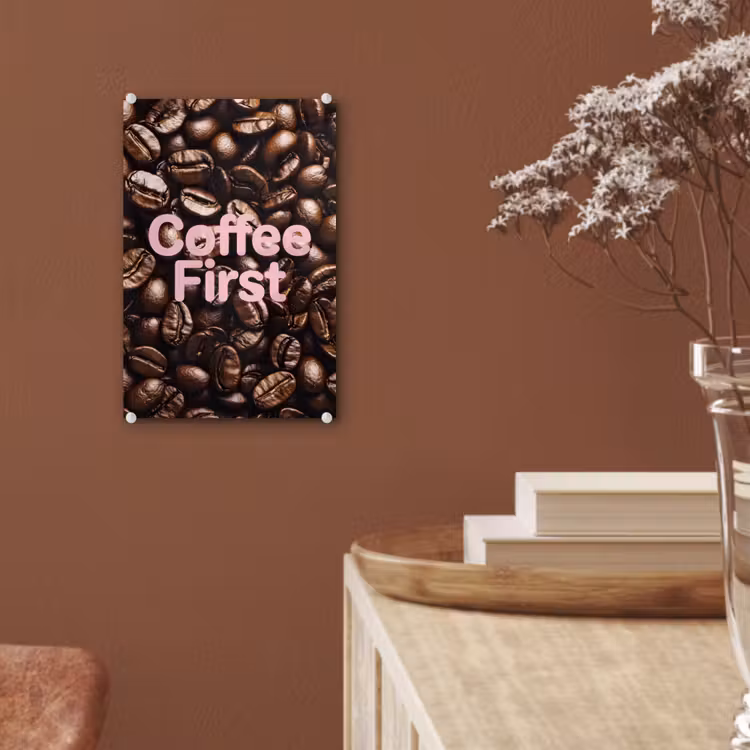 Glas schilderij - Coffee First - Koffiebonen - Roze — 6