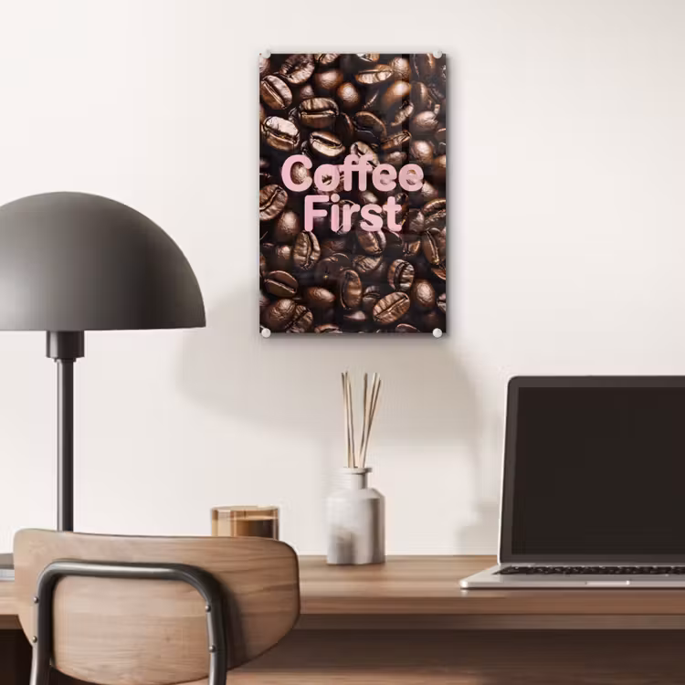 Glas schilderij - Coffee First - Koffiebonen - Roze — 7