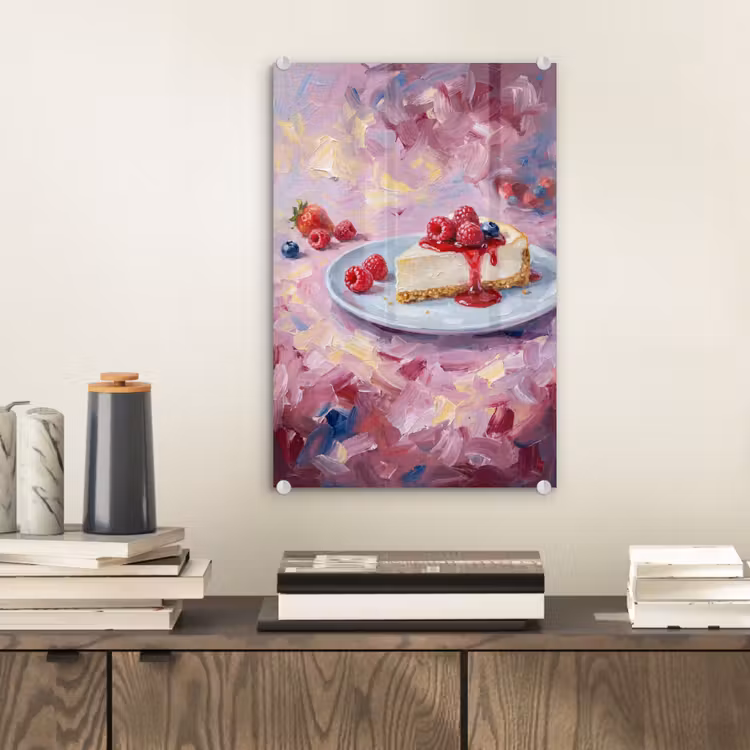 Glas schilderij - Eten - Cheesecake - Bessen - Abstract - Roze — 2