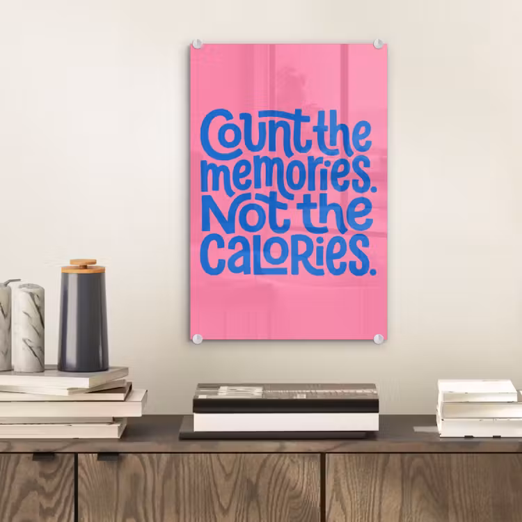 Glas schilderij - Memories - Roze - Blauw - Quote — 2