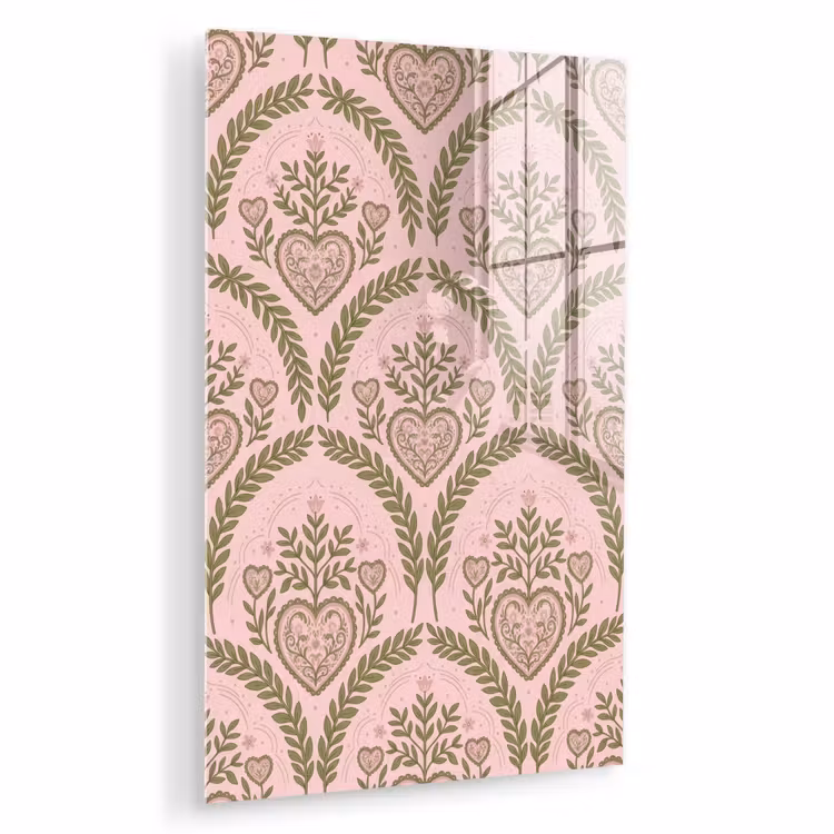 Glas schilderij - Patroon - Hart - Bloemen - Folkloristisch - Roze — 1