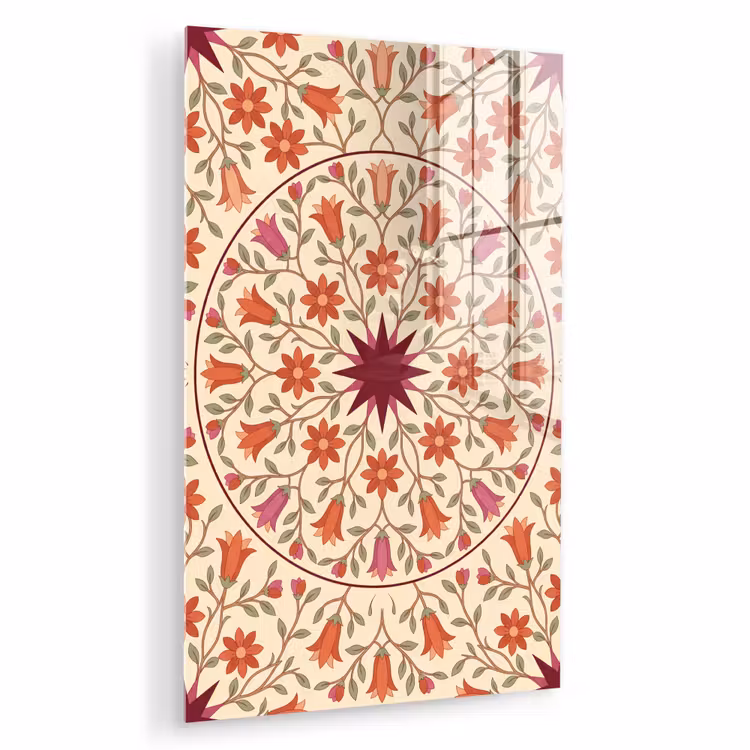 Glas schilderij - Bloemen - Mandala - Decoratief - Rood — 1
