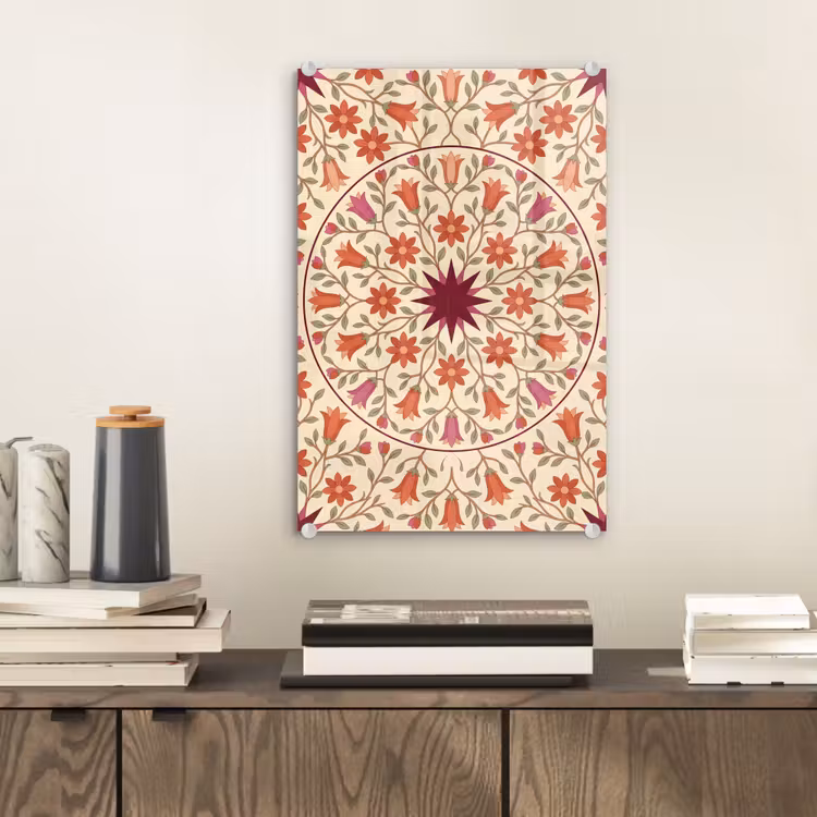 Glas schilderij - Bloemen - Mandala - Decoratief - Rood — 2