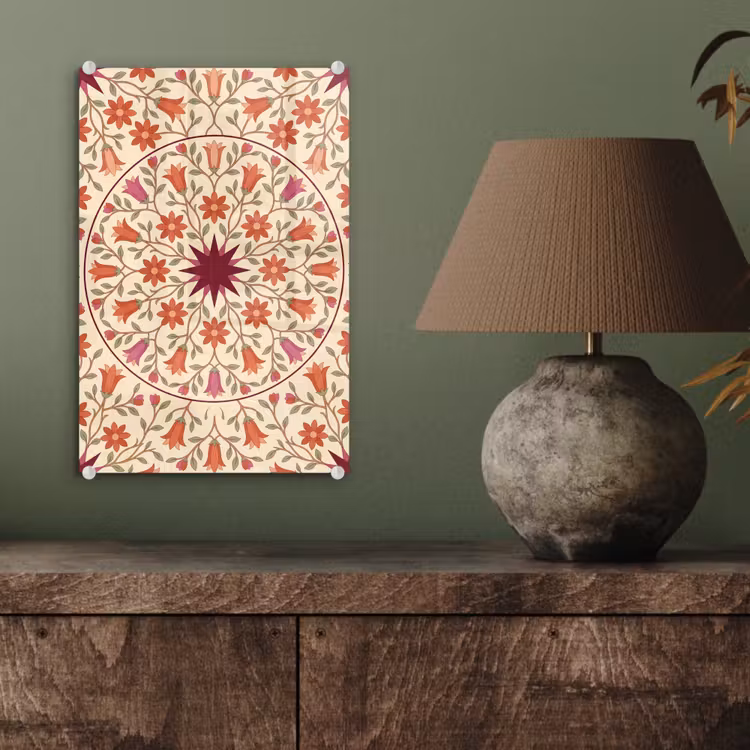 Glas schilderij - Bloemen - Mandala - Decoratief - Rood — 4