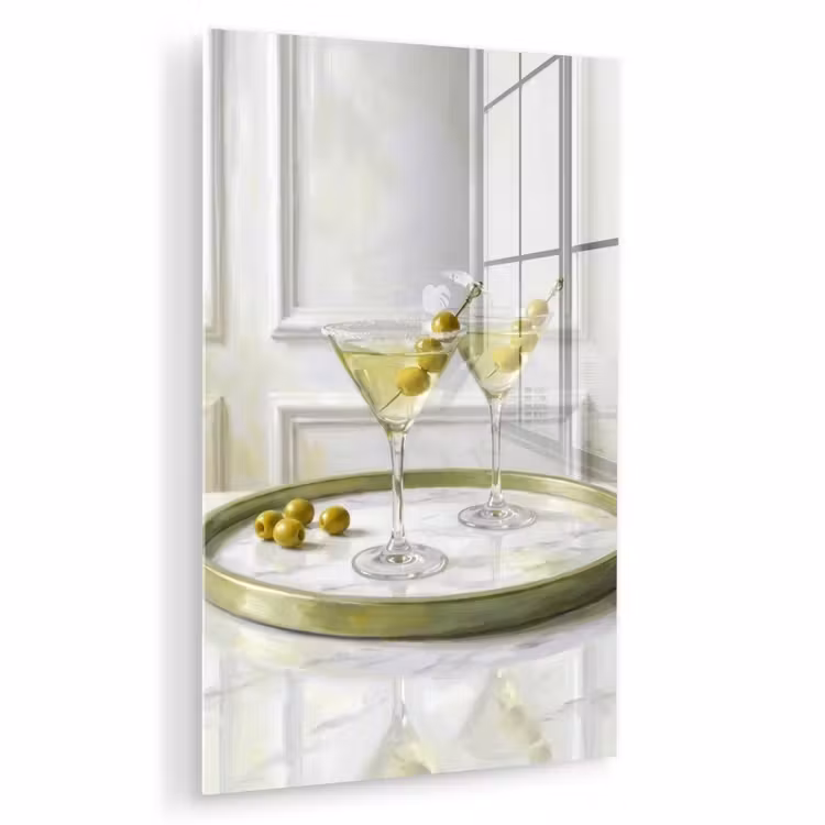 Glas schilderij - Drank - Martini - Olijven - Modern - Wit — 1