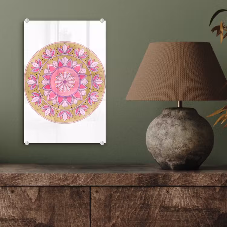 Glas schilderij - Mandala - Patroon - Kunst - Aquarel - Roze — 4