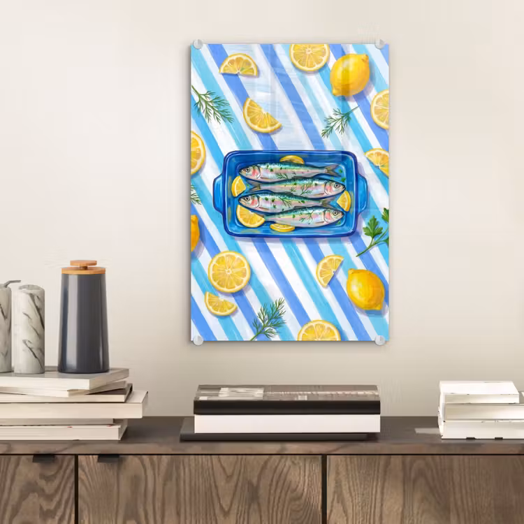 Glas schilderij - Vis - Citroen - Kruiden - Eten - Blauw — 2