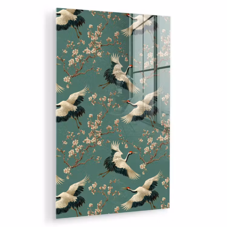 Glas schilderij - Kersenbloesem - Kraamvogels - Groen — 1