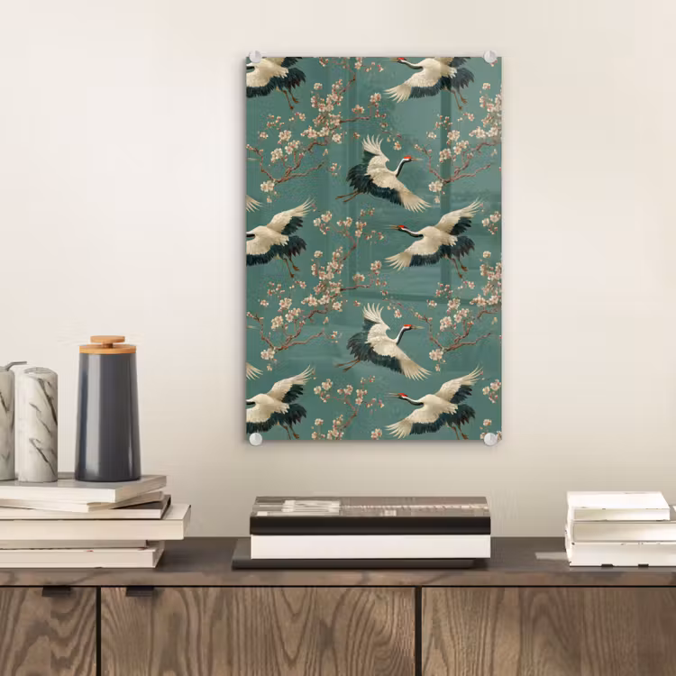 Glas schilderij - Kersenbloesem - Kraamvogels - Groen — 2