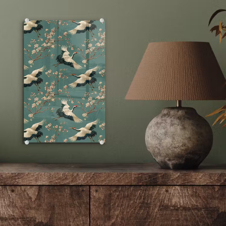 Glas schilderij - Kersenbloesem - Kraamvogels - Groen — 4