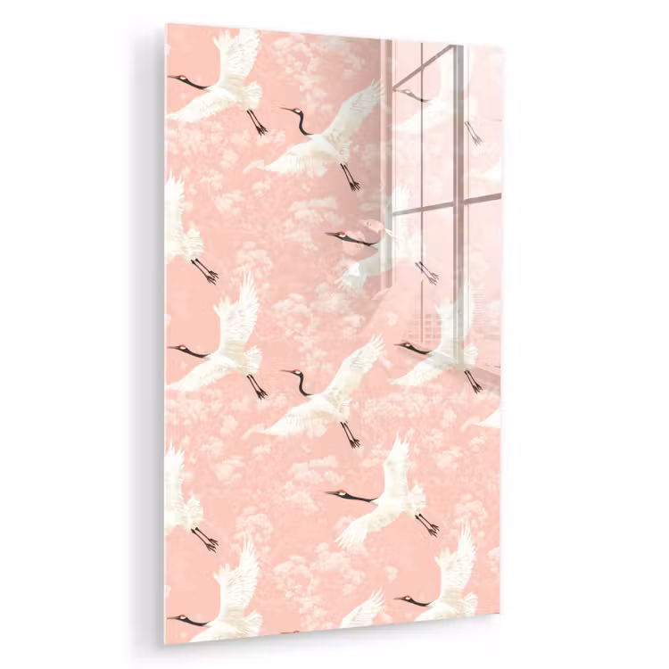 Glas schilderij - Kraanvogels - Bloesem - Roze — 1