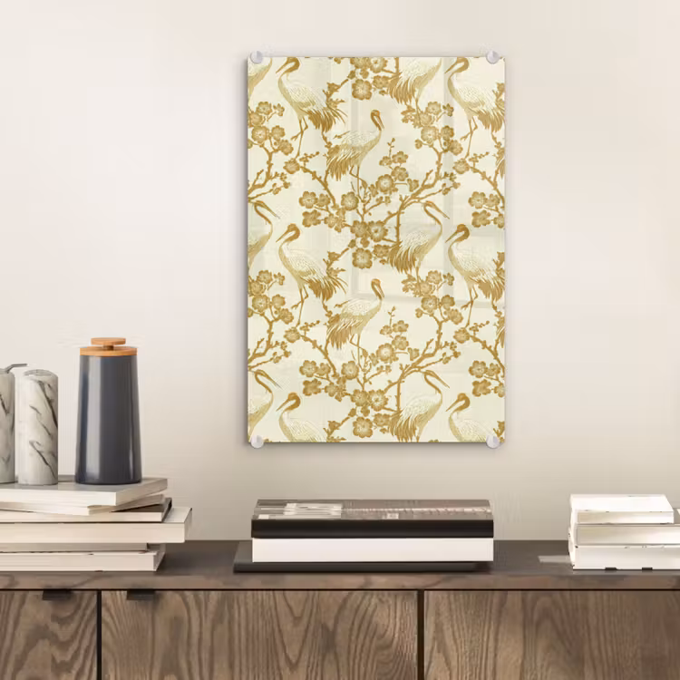 Glas schilderij - Kraanvogels - Kersenbloesem - Goud — 2