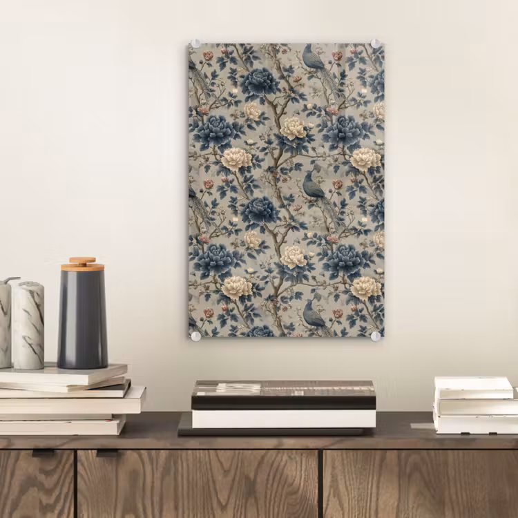 Glas schilderij - Pauw - Bloemen - Blauw — 2