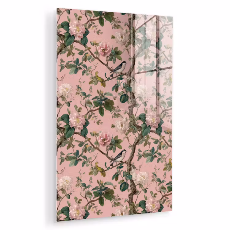 Glas schilderij - Pioenrozen - Botanisch - Vogel — 1