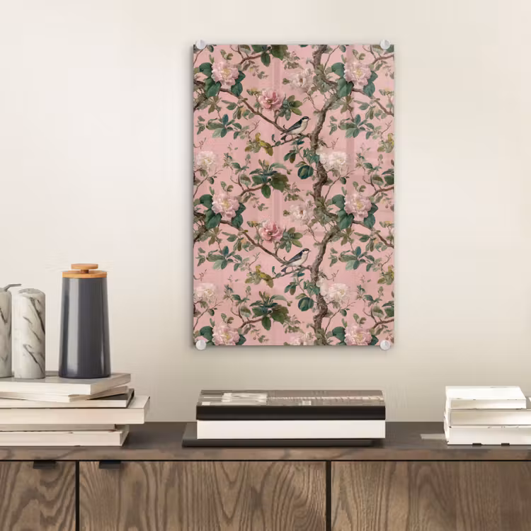 Glas schilderij - Pioenrozen - Botanisch - Vogel — 2