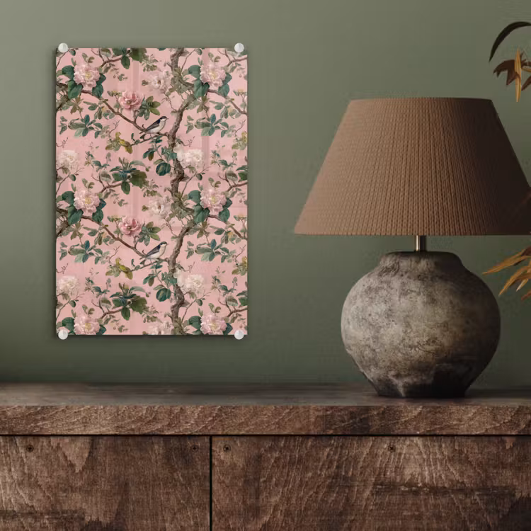Glas schilderij - Pioenrozen - Botanisch - Vogel — 4