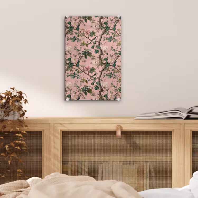 Glas schilderij - Pioenrozen - Botanisch - Vogel — 5