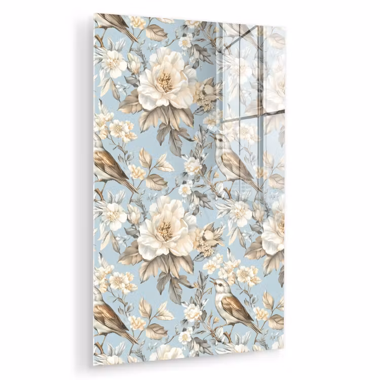 Glas schilderij - Botanisch - Zangvogel - Blauw — 1