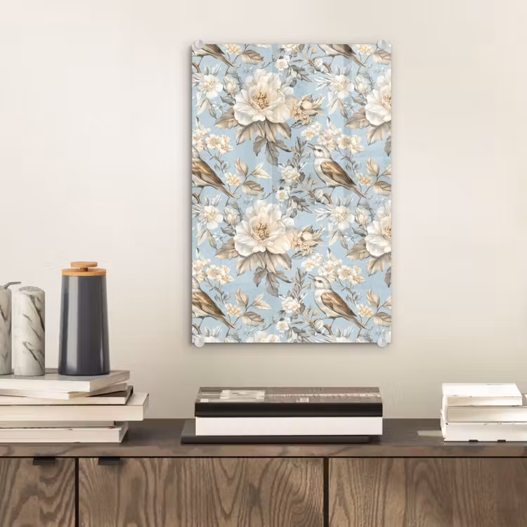 Glas schilderij - Botanisch - Zangvogel - Blauw — 2
