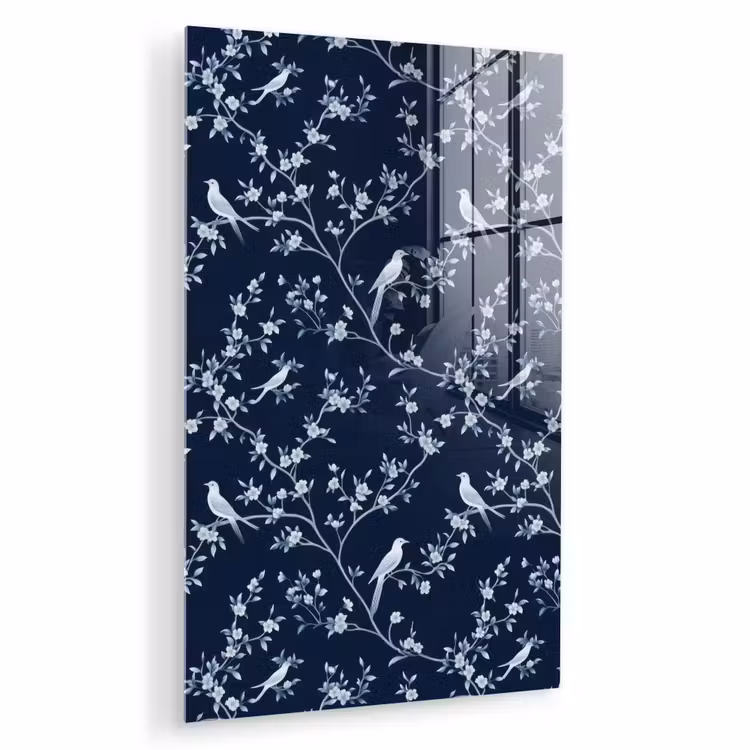 Glas schilderij - Grafisch - Bloesemtak - Blauw — 1