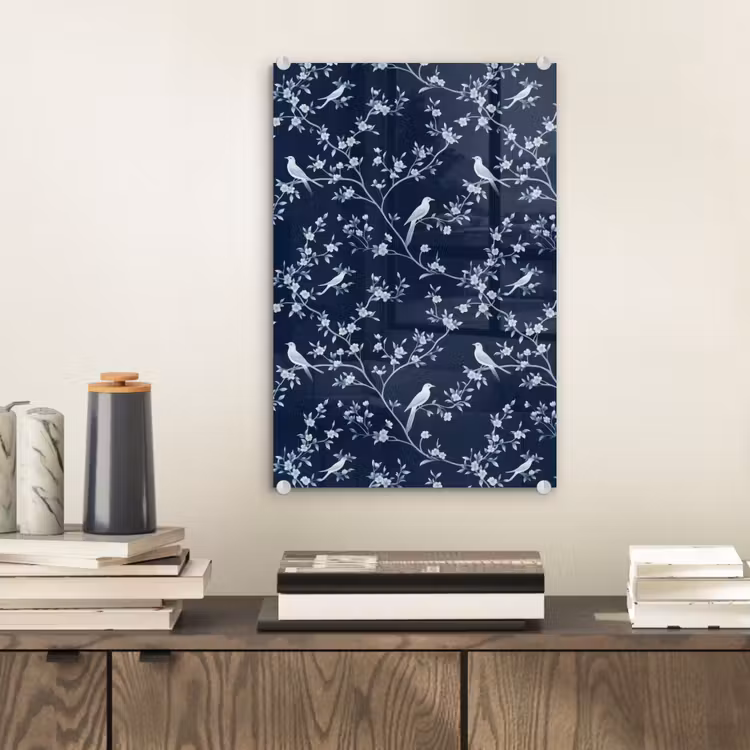 Glas schilderij - Grafisch - Bloesemtak - Blauw — 2