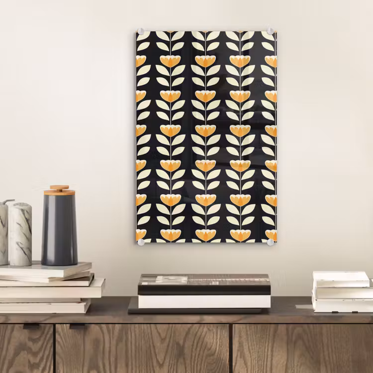 Glas schilderij - Retro - Bloem - Zwart - Okergeel — 2