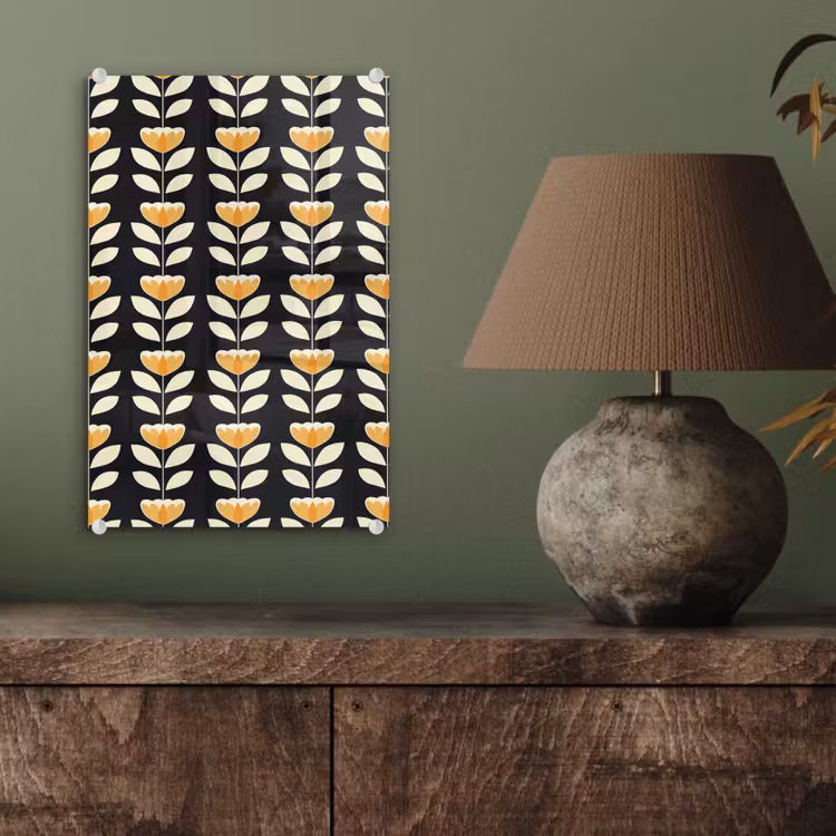 Glas schilderij - Retro - Bloem - Zwart - Okergeel — 4