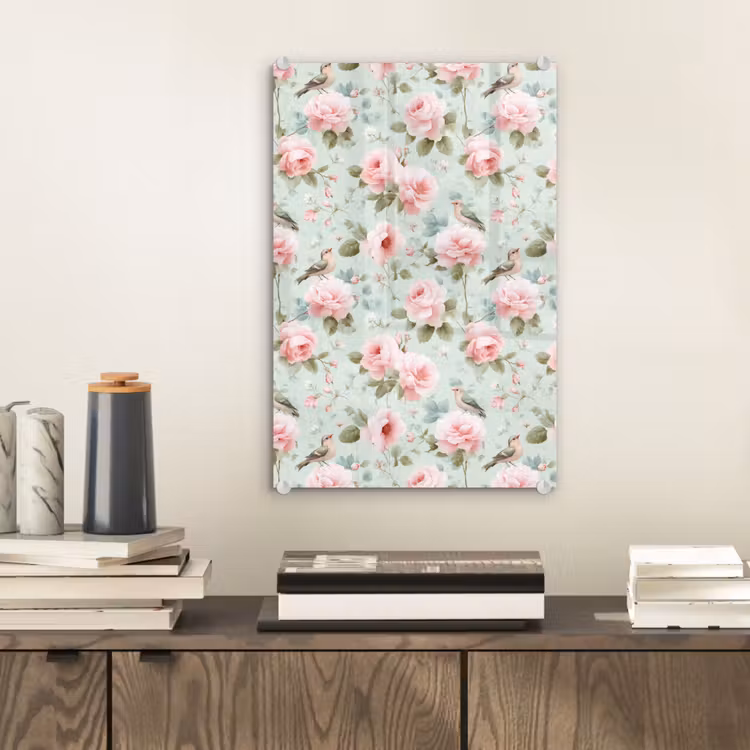 Glas schilderij - Rozen - Vogels - Pastel - Kleurrijk — 2