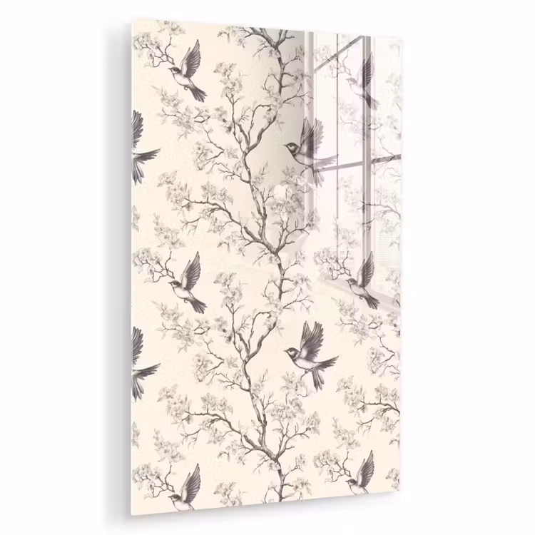 Glas schilderij - Takken - Vogels - Beige — 1