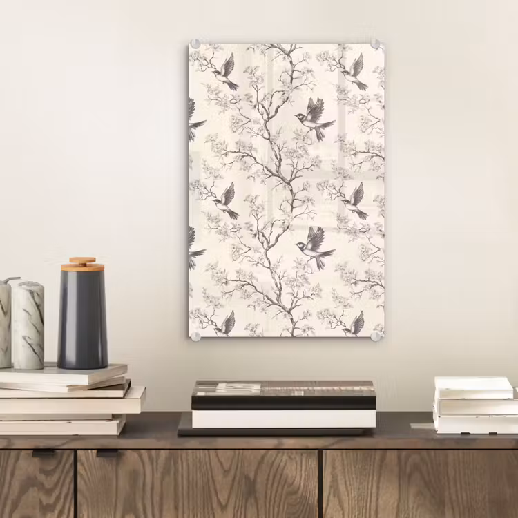 Glas schilderij - Takken - Vogels - Beige — 2