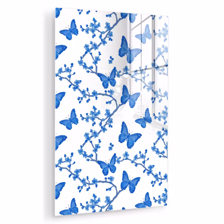 Glas schilderij - Vlinder - Bloemen - Blauw — 1