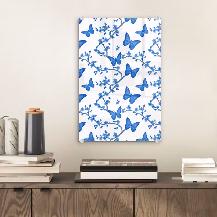 Glas schilderij - Vlinder - Bloemen - Blauw — 2