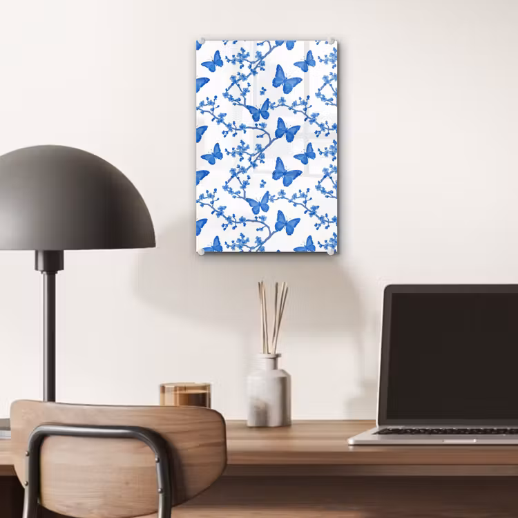 Glas schilderij - Vlinder - Bloemen - Blauw — 7