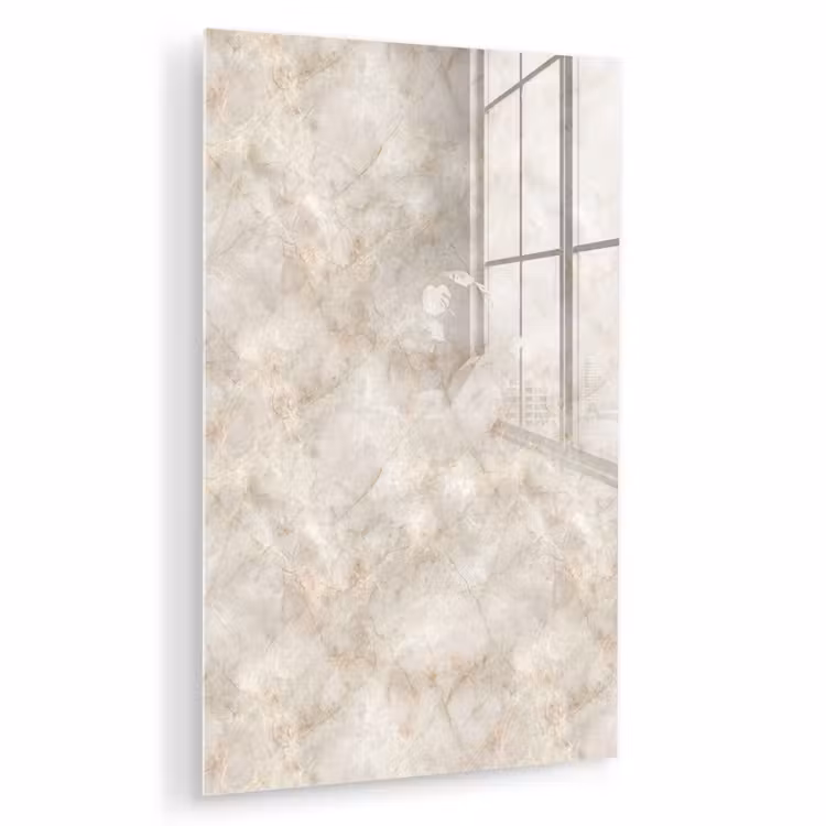 Glas schilderij - Lichtbeige - Goudbruine Nerven - Marmer — 1