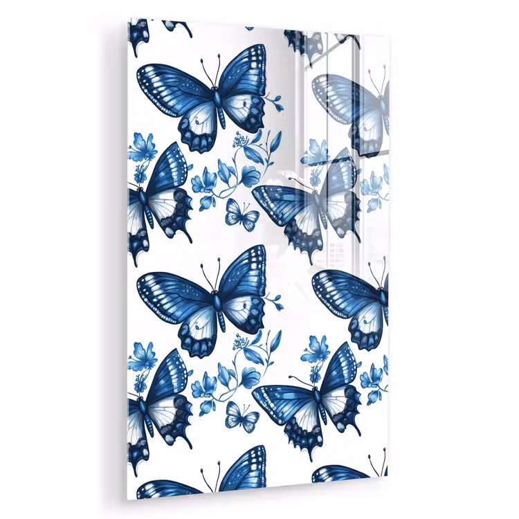 Glas schilderij - Blauw - Vlinders - Bloemen - Wit — 1