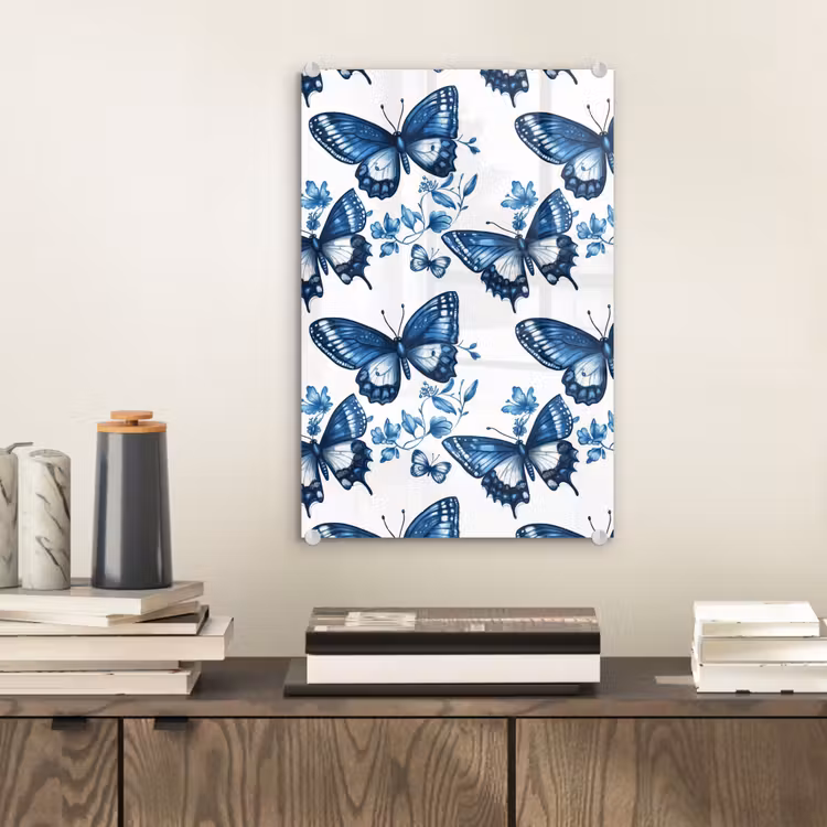 Glas schilderij - Blauw - Vlinders - Bloemen - Wit — 2