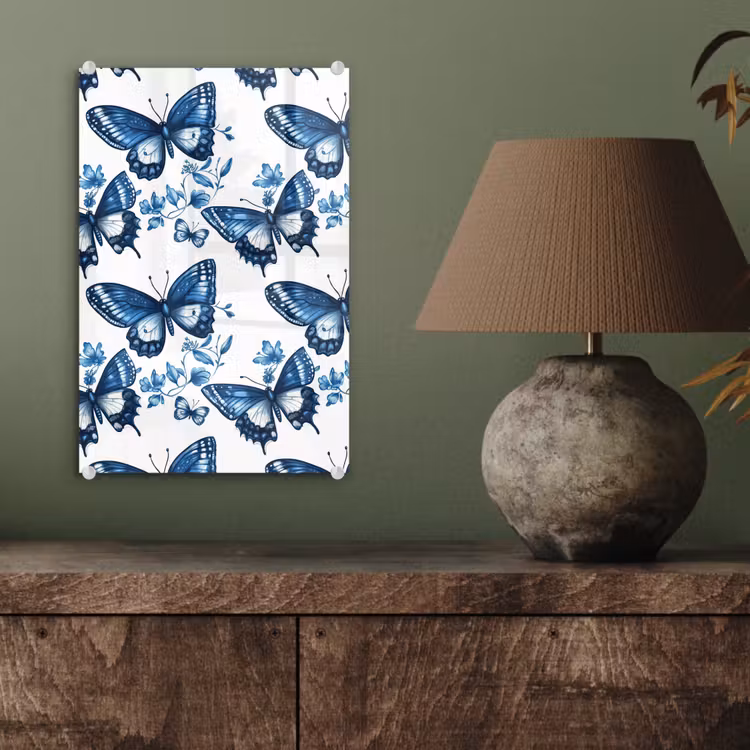 Glas schilderij - Blauw - Vlinders - Bloemen - Wit — 4