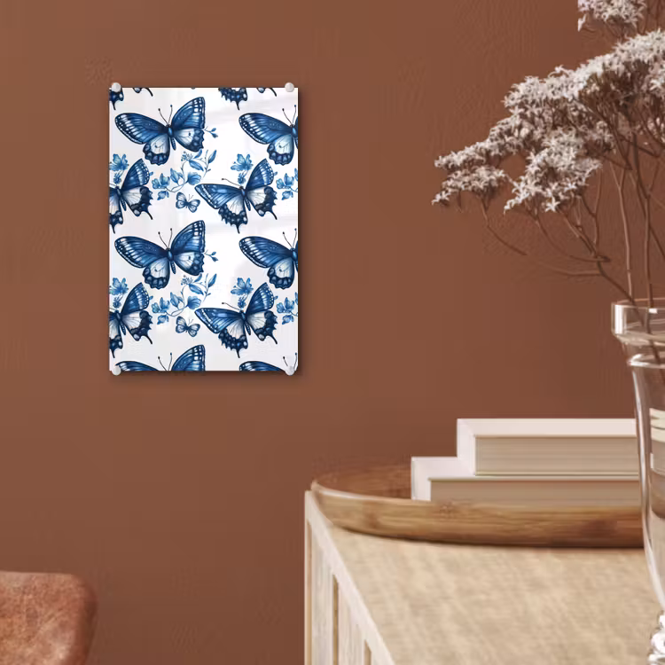 Glas schilderij - Blauw - Vlinders - Bloemen - Wit — 6