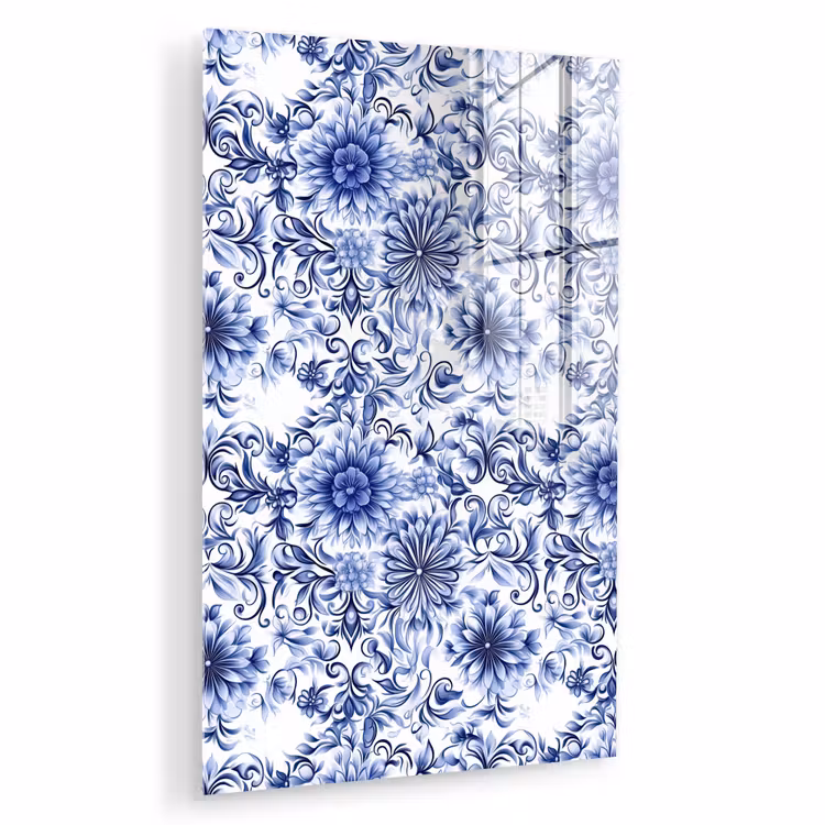 Glas schilderij - Bloemen - Blauw - Patroon - Wit — 1