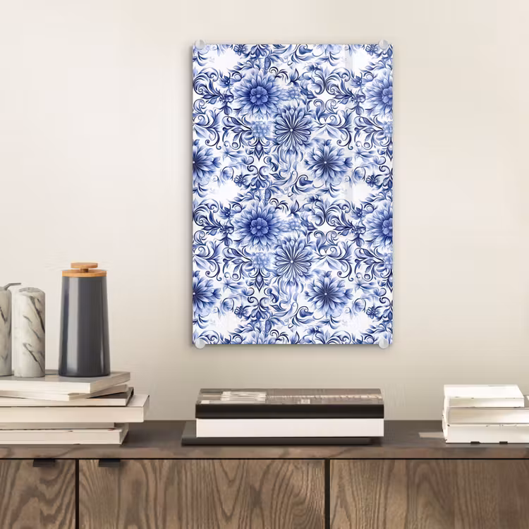 Glas schilderij - Bloemen - Blauw - Patroon - Wit — 2